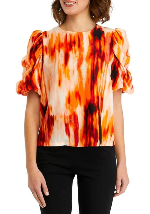 DKNY Womens Short Ruched Sleeves Smudge Print Blouse 1