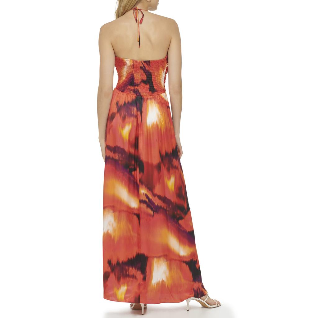 DKNY Printed Satin Ruche Front Halter Maxi Dress
