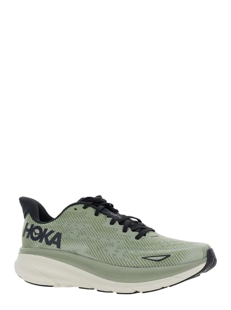 Hoka One One 'Clifton 9' Green Sneakers With Zig Zag Embroidery And Side Logo Print In Rubber Unisex 2