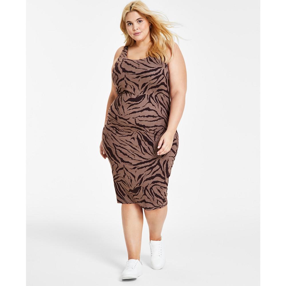 Bar III Plus Size Zebra-Print Bodycon Midi Dress, Created for Macy's