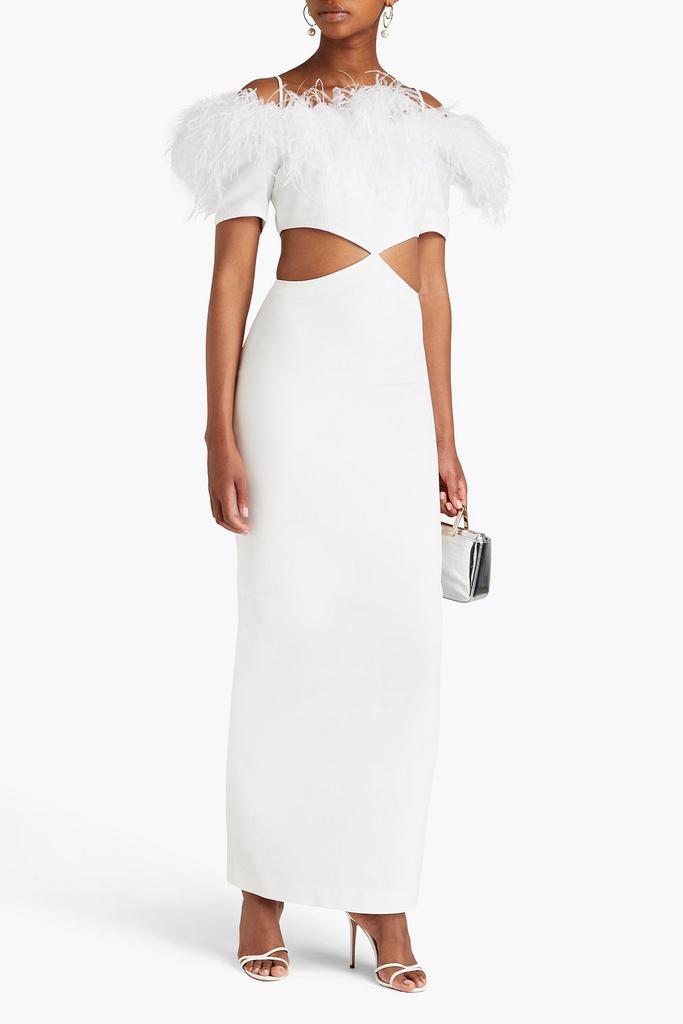 RASARIO Cold-shoulder feather-trimmed crepe maxi dress