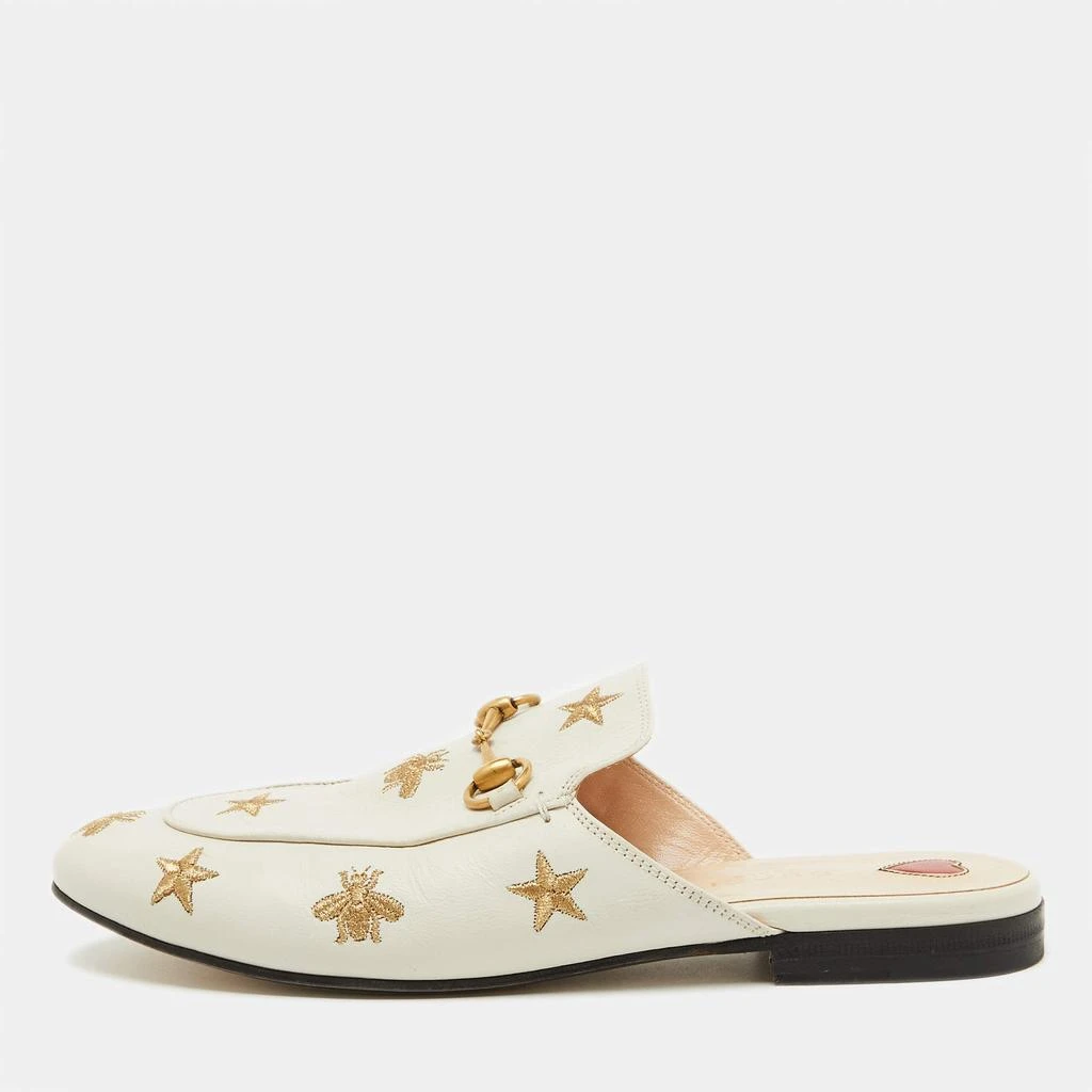 Gucci Gucci White Leather Bee and Star Embroidered Princetown Flat Mules Size 38 1