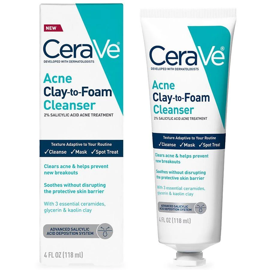 CeraVe 3in1 Acne Clay-to-Foam Facial Cleanser, Mask & Spot Treatment