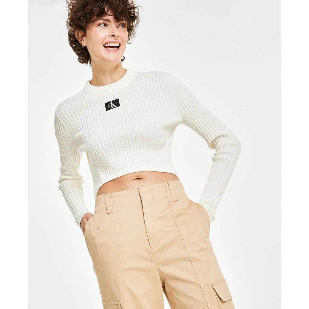 Calvin Klein Jeans Women's Cotton Logo Cropped Long Sleeve High Crew Neck Top 1