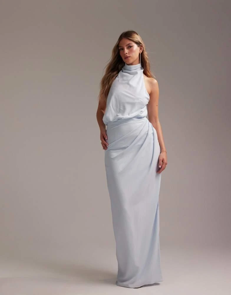 ASOS ASOS DESIGN draped halter column crepe maxi dress in light blue 1