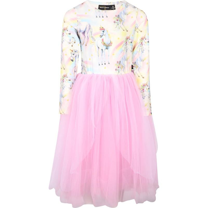 Rock Your Baby Sorbet unicorn rainbow print in long sleeved maxi dress in pink