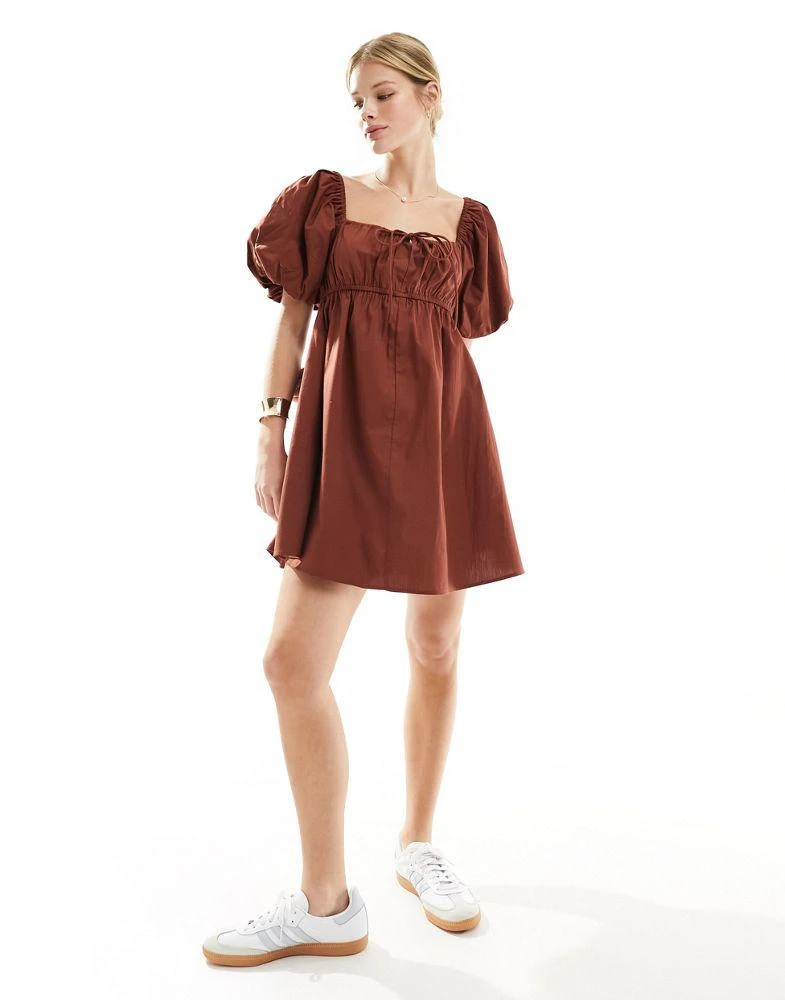 ASOS ASOS DESIGN puffed sleeve smock mini dress in brown 4