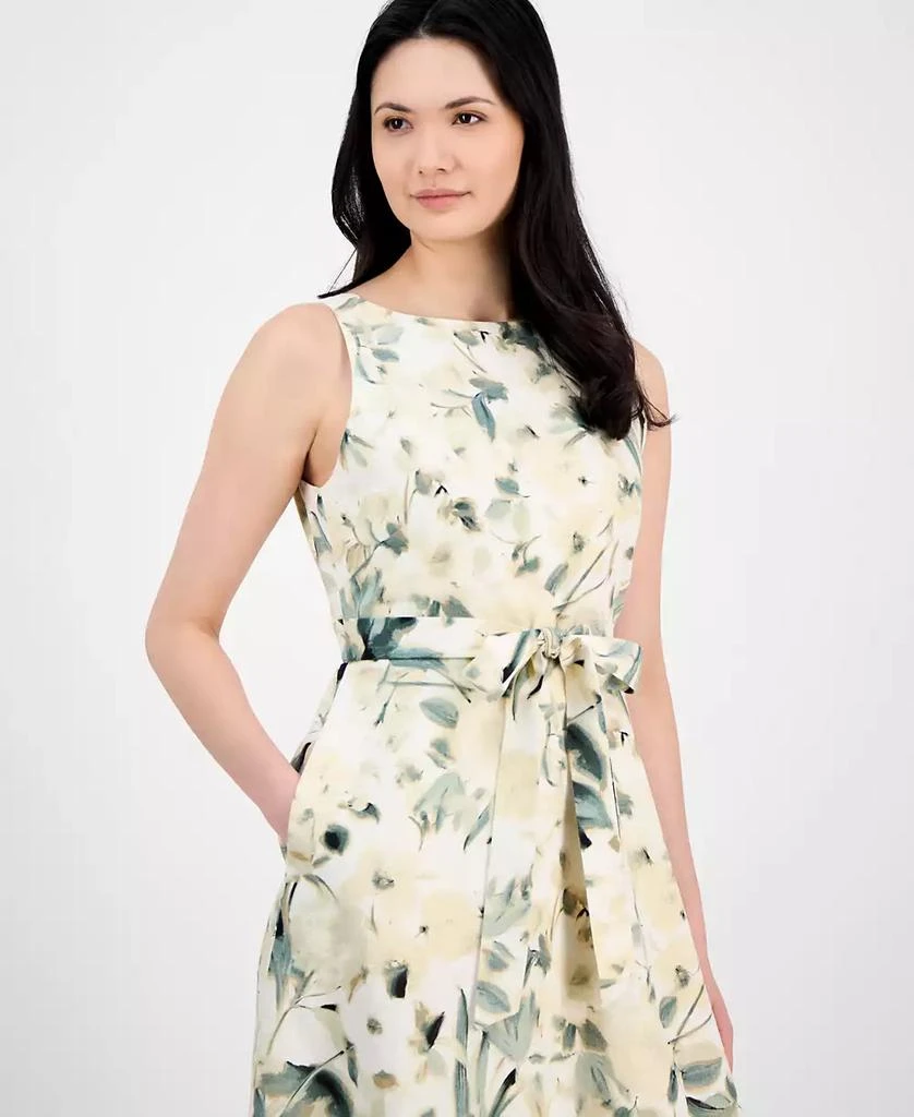 Anne Klein Women's Linen Blend Floral-Print Tie-Waist Sleeveless Dress 3