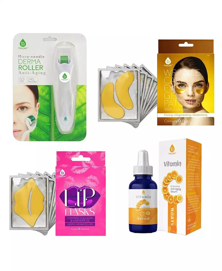 PURSONIC Ultimate Bundle: Vitamin C Serum, Wrinkle Care Eye Gel Patches, Hydrating Lip Masks and Micro Needle Derma Roller 0.5 mm