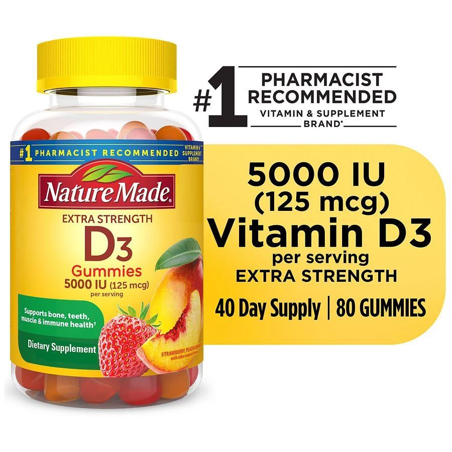 Nature Made Extra Strength Vitamin D3 5000 IU (125 mcg) per serving Gummies Strawberry, Peach, Mango 7