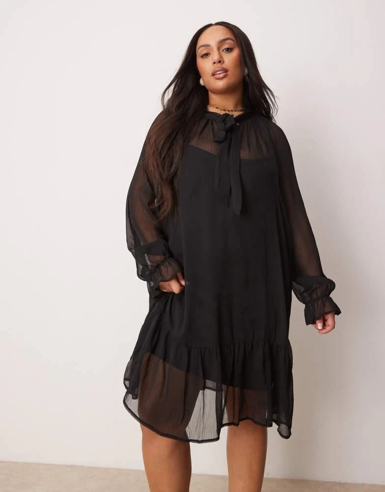 New Look Plus New Look Curve bow chiffon mini dress in black 2