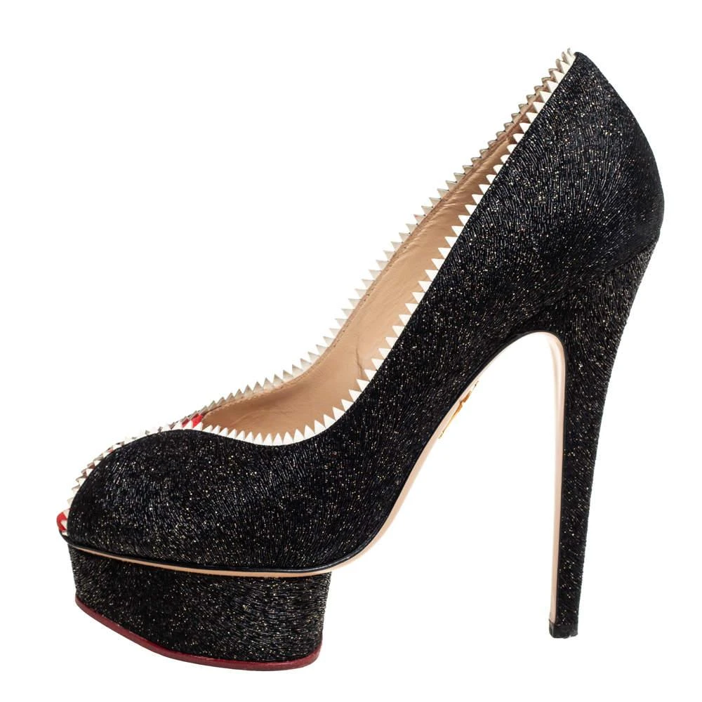 Charlotte Olympia Charlotte Olympia Black Glitter And Patent Leather Scalloped Trim Peep Toe Platform Pumps Size 37.5 2