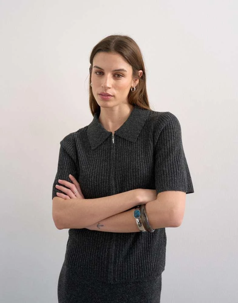 Topshop Topshop knitted zip through polo top co-ord in charcoal
