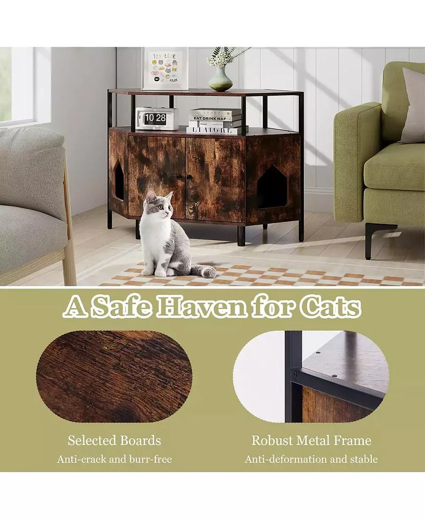 Gymax Corner Cat Litter Box Enclosure End Table w/ Open Shelf 2 Entries Double Doors 8