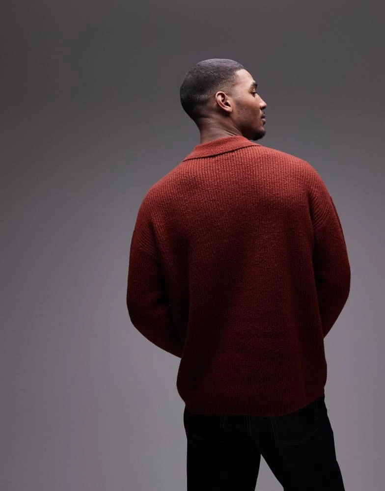 Topman Topman relaxed fit compact knit polo jumper in dark red 4