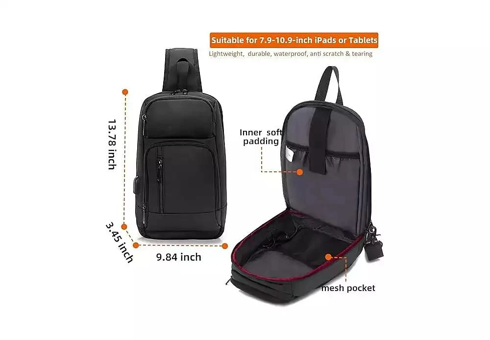 Wosofe 14 inch Sling Bag for Men,Black Crossbody Bag with USB Charging Port Fits 10.2inch iPad, Casual 3