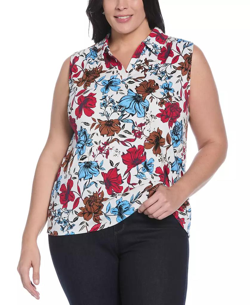 Rafaella Plus Size Bouquet Print V-Neck Polo T-Shirt