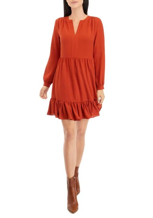 Vince Camuto Camuto Womens Long Sleeve Split Neck Tiered Babydoll Dress 1