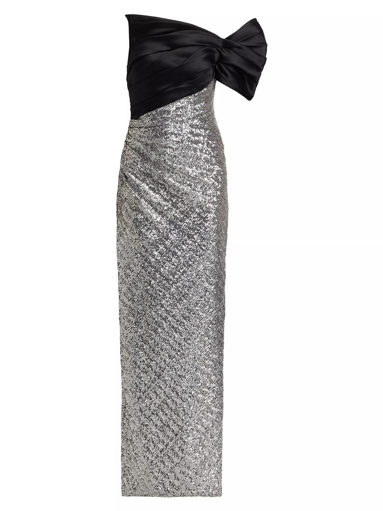 Pamella Roland Satin Sequined One-Shoulder Column Gown