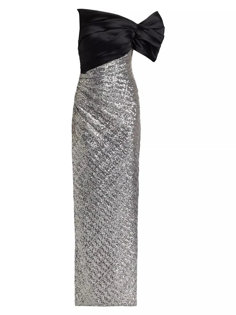 Pamella Roland Satin Sequined One-Shoulder Column Gown 1
