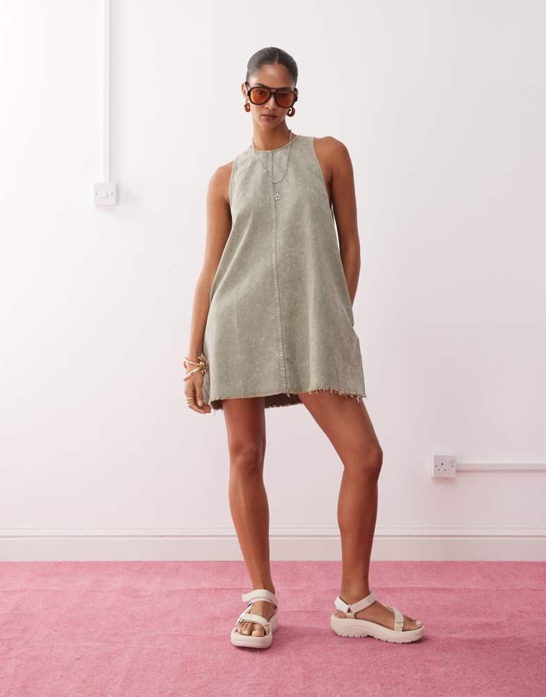 Monki Monki sleeveless a line mini dress with frayed edge in khaki