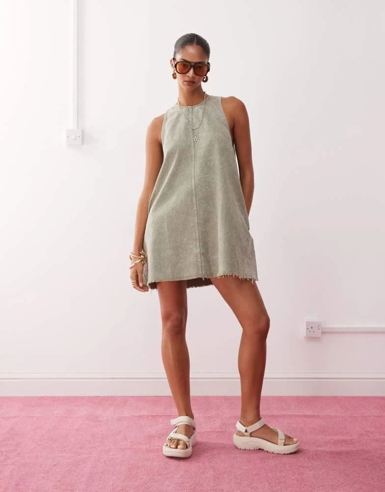 Monki Monki sleeveless a line mini dress with frayed edge in khaki 2