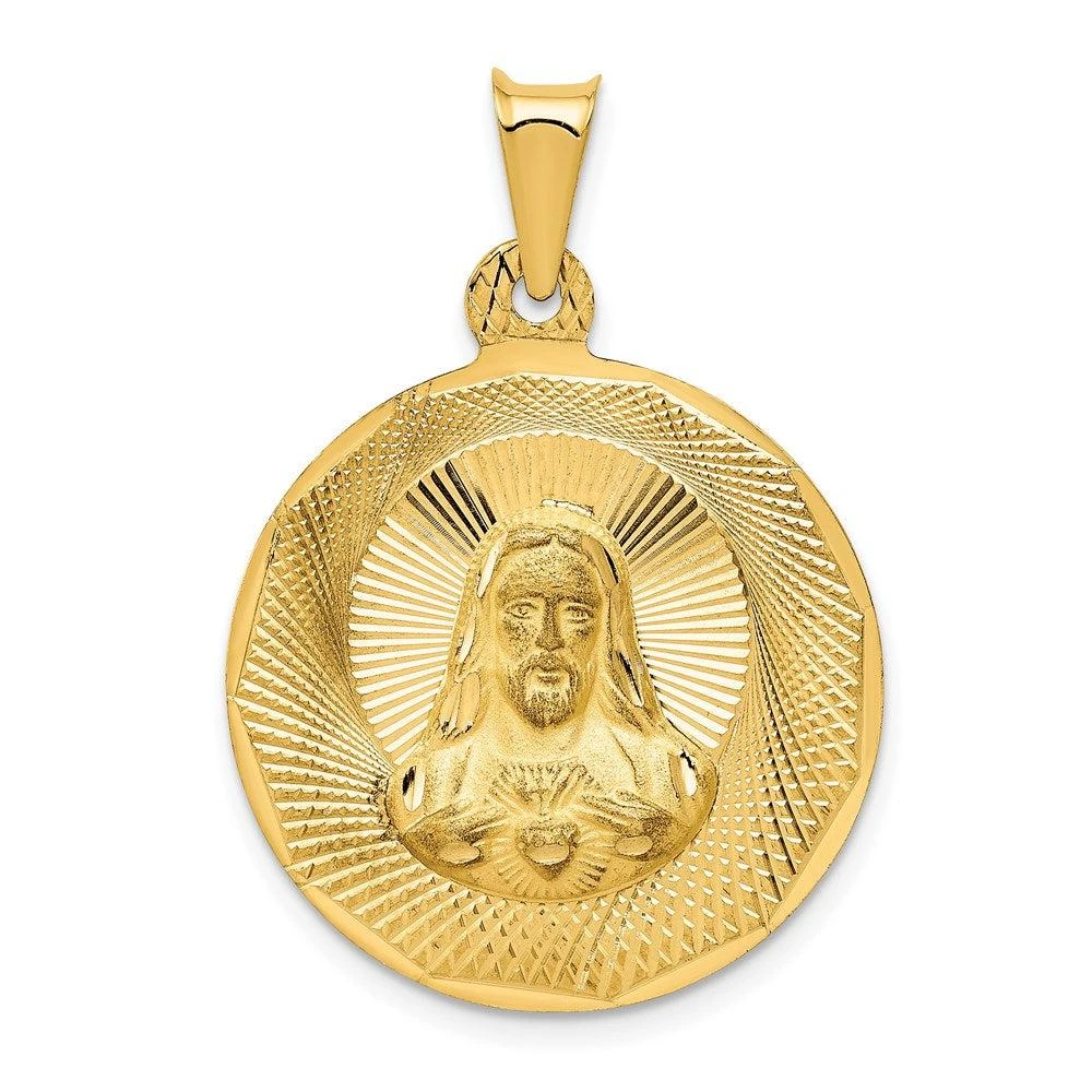 Diamond2Deal 14k Yellow Gold Diamond-cut Large Solid Sagrado Corazon de Jesus Round Pendant 1