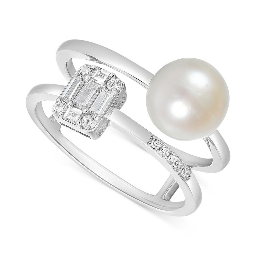 Macy's Freshwater Pearl (8mm) & Cubic Zirconia Baguette Double Band Ring