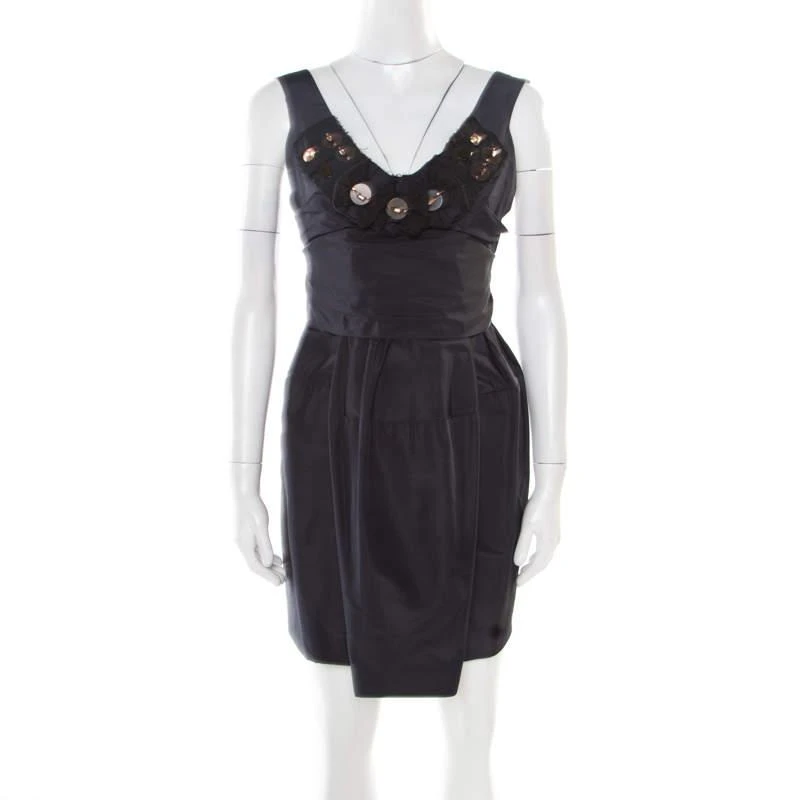 Marni Marni Pine Green Silk Embellished Plunge Neck Mini Dress S 1