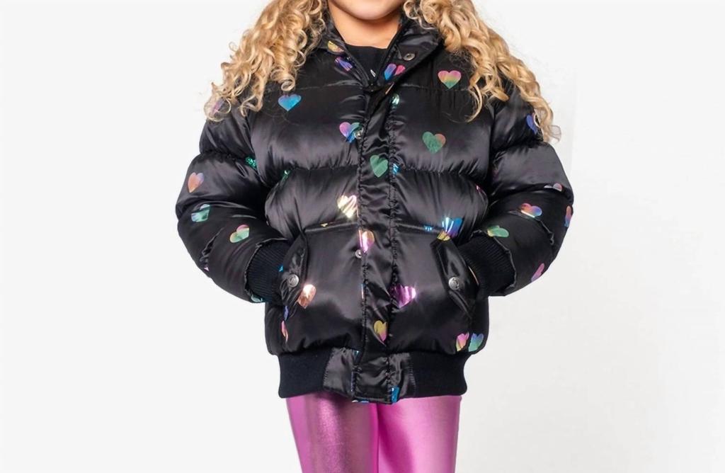 Appaman Girl's Rainbow Hearts Puffy Coat In Black
