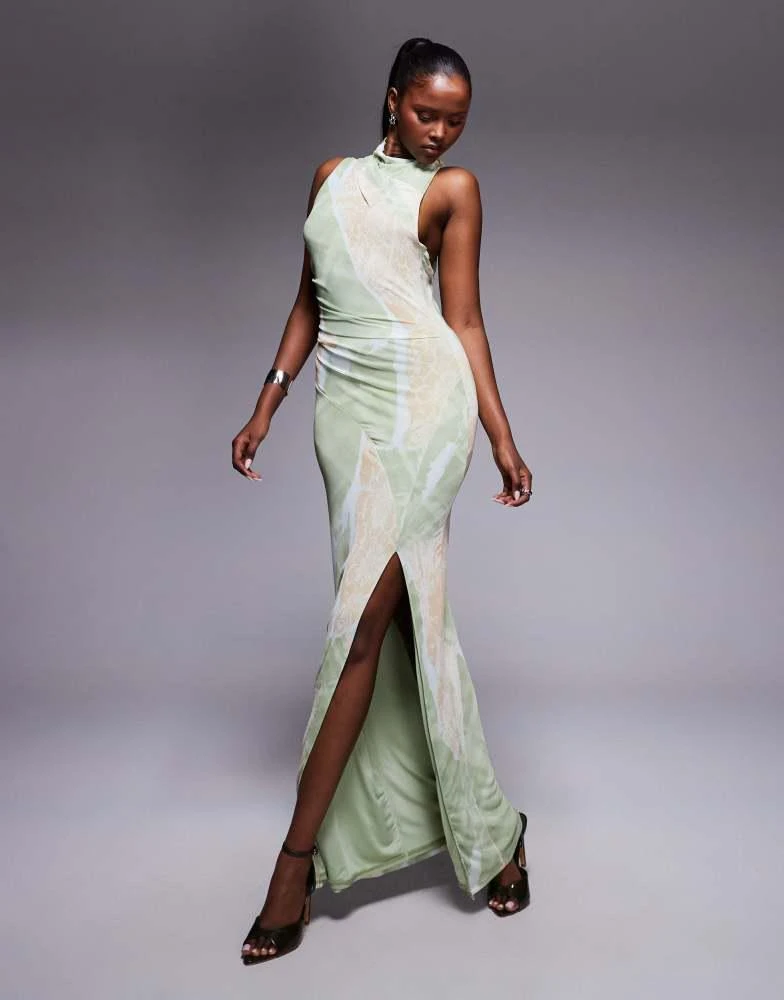 ASOS ASOS DESIGN seamed ruched shoulder pad printed mesh midi