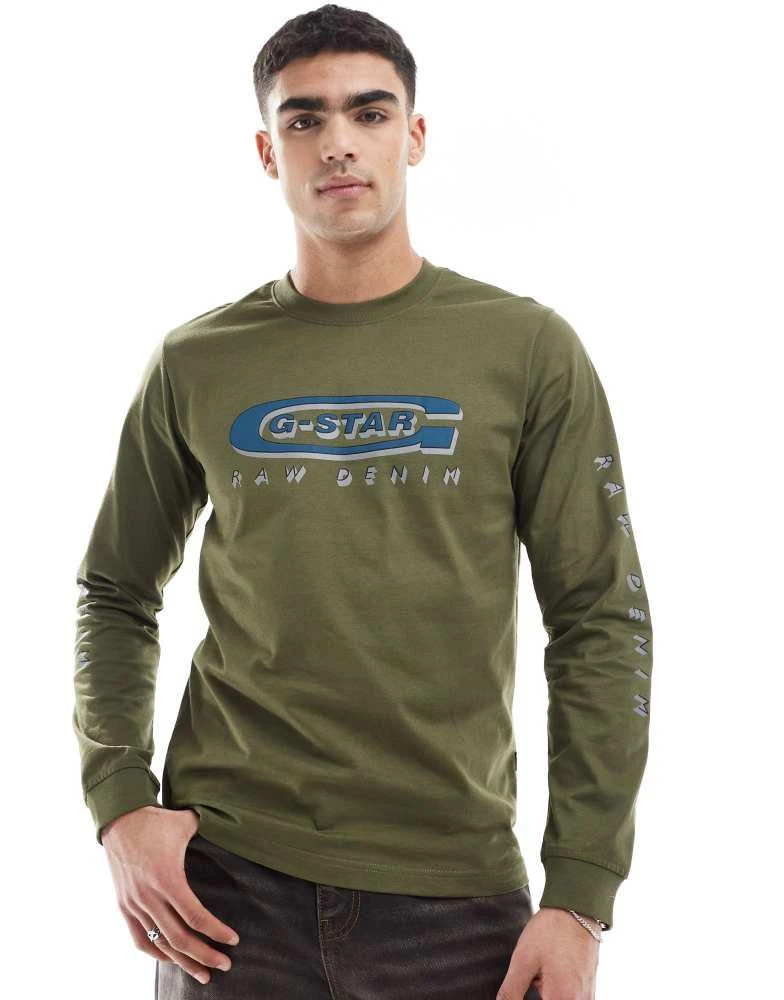 G-Star G-Star long sleeve t-shirt in khaki with old skool logo 1