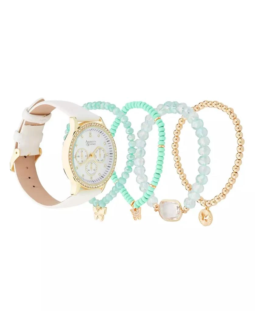 American Exchange Women's White Polyurethane Leather Strap Analog Watch 38mm with Stackable Bracelets Gift Set 2