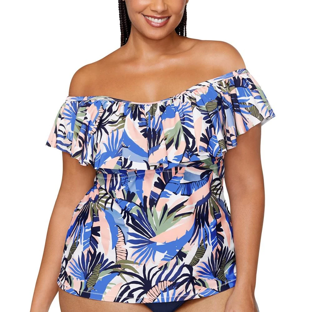 Raisins Curve Trendy Plus Size Tortuga Ruffled Off-The-Shoulder Tankini Top