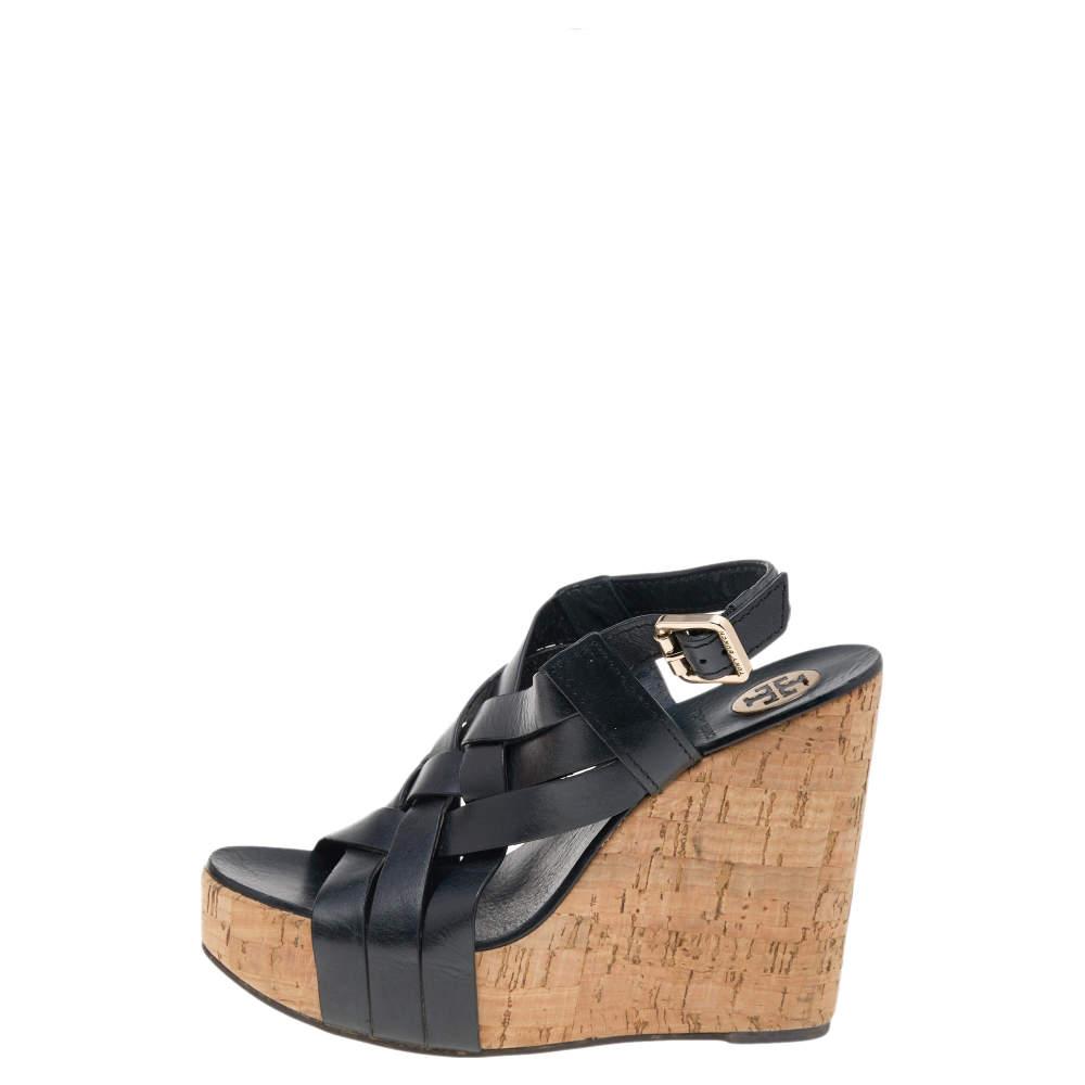 Tory Burch Tory Burch Black Leather Cork Wedge Strappy Platform Sandals Size 38