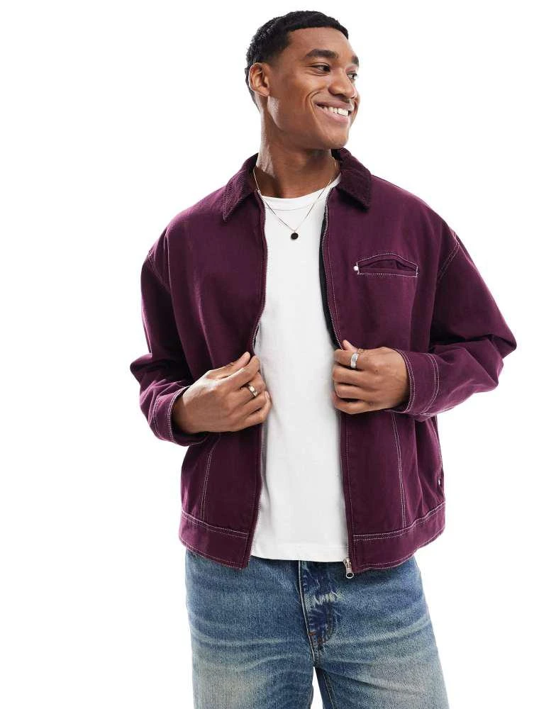 ASOS ASOS DESIGN boxy oversized cord collar harrington jacket with contrast stitch in burgundy 1