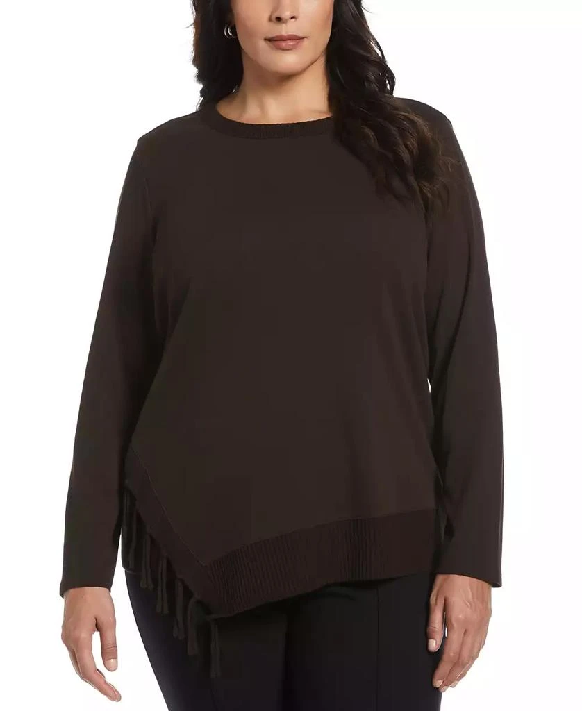 Rafaella Plus Size Ribbed Asymmetrical Fringe Hem Long Sleeve Top 1