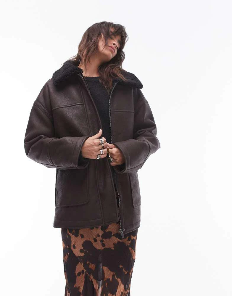 Topshop Topshop faux leather borg shearling midi aviator jacket in brown 1