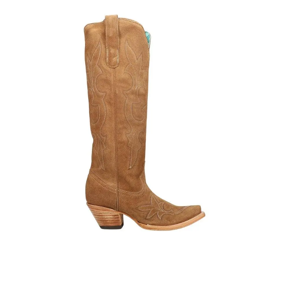 Corral Boots Suede Embroidered Tall Snip Toe Pull On Cowboy Boots