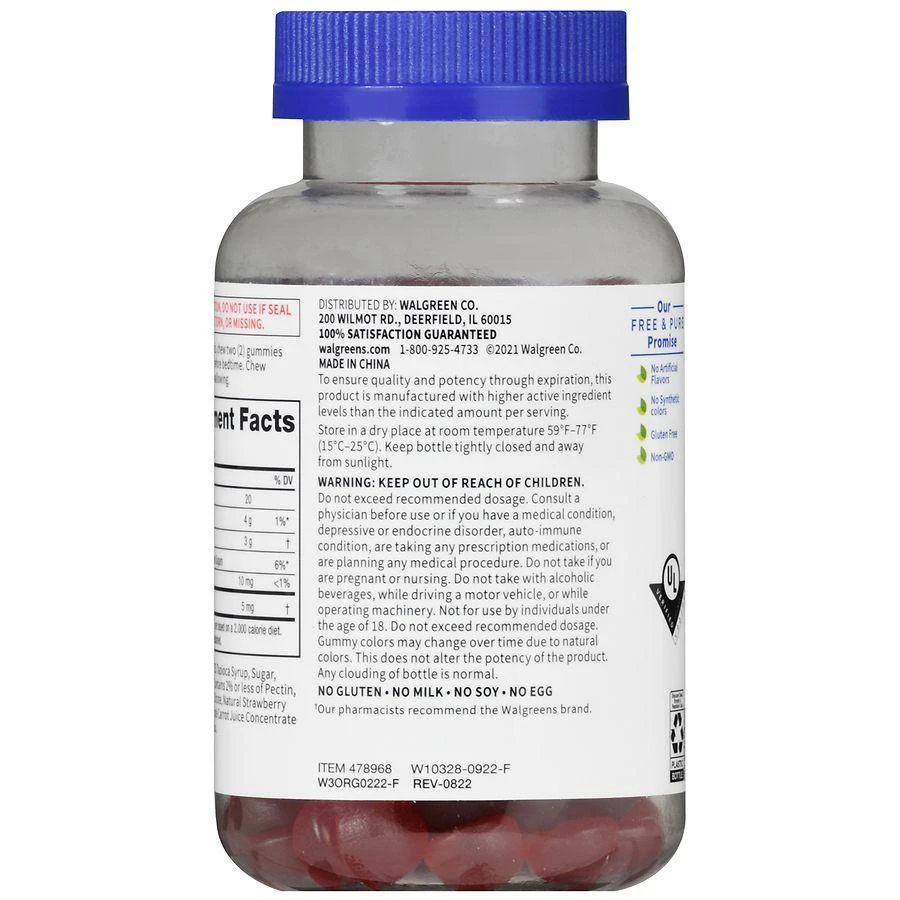 Walgreens Free & Pure Melatonin 5 mg Gummies (60 days) Natural Strawberry 5