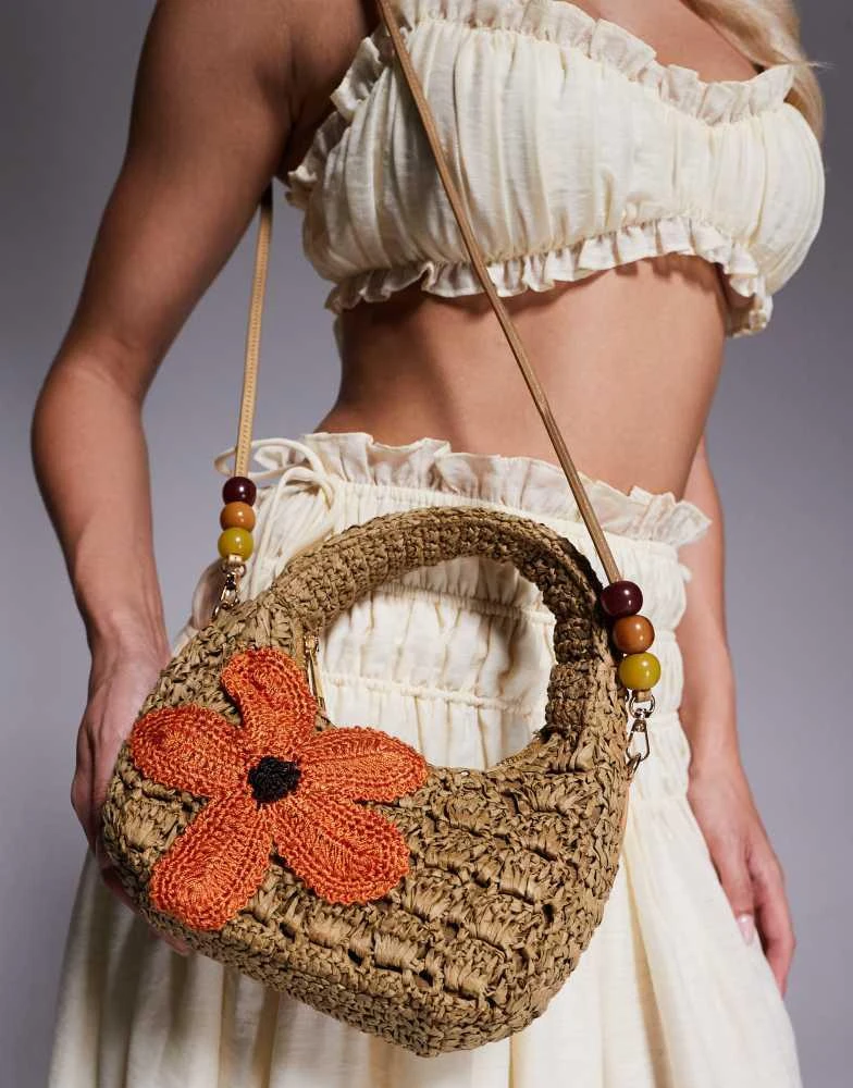 River Island River Island raffia shoulder bag with flower detail in beige 4