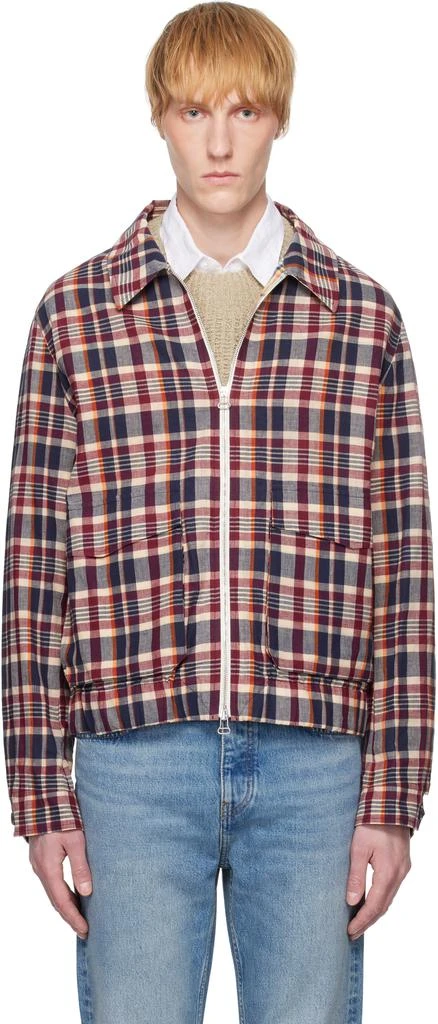 Drake's Red & Navy Waxed Madras Tennis Jacket 1