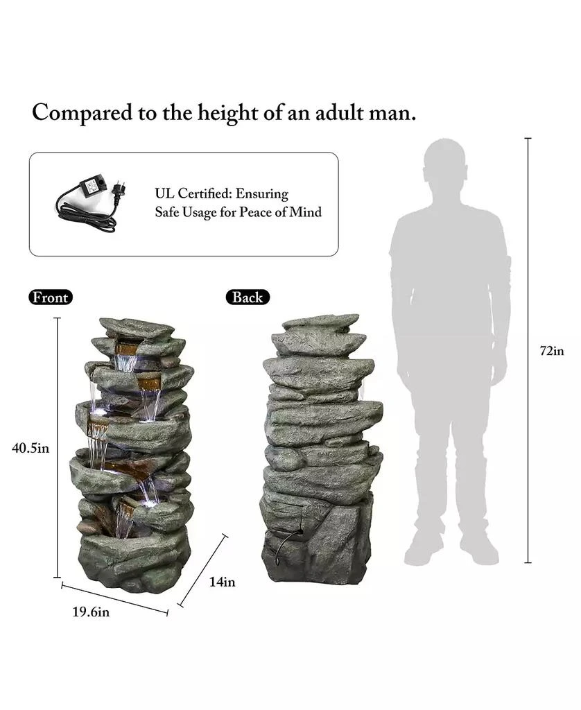 SunJet 40.5” High Rocks Outdoor Water Fountain - 6-Tiers Cascading Waterfall with LED Lights, Soothing Tranquility for Home Garden, Yard Decor 7