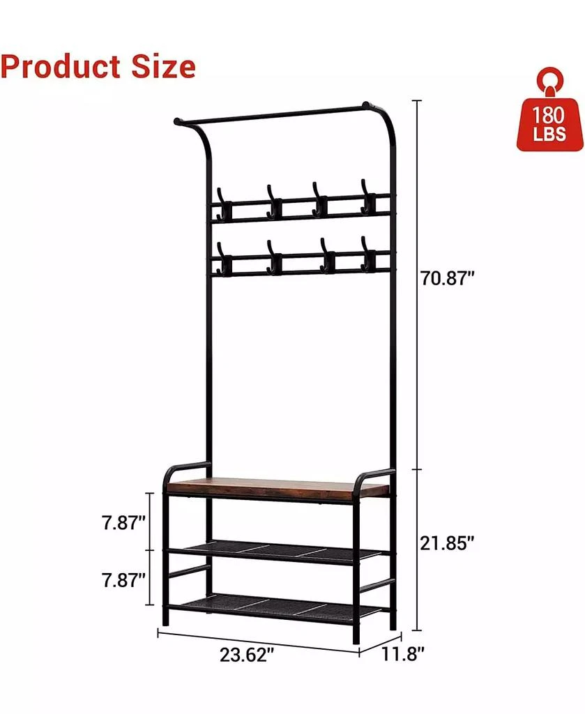 gaomon Hall Tree Shoe Bench, 4-in-1 Industrial Entryway Storage Bench with 8 Sturdy Hooks, Freestanding Coat Rack for Small Spaces, Apartments, Retro Brown 4