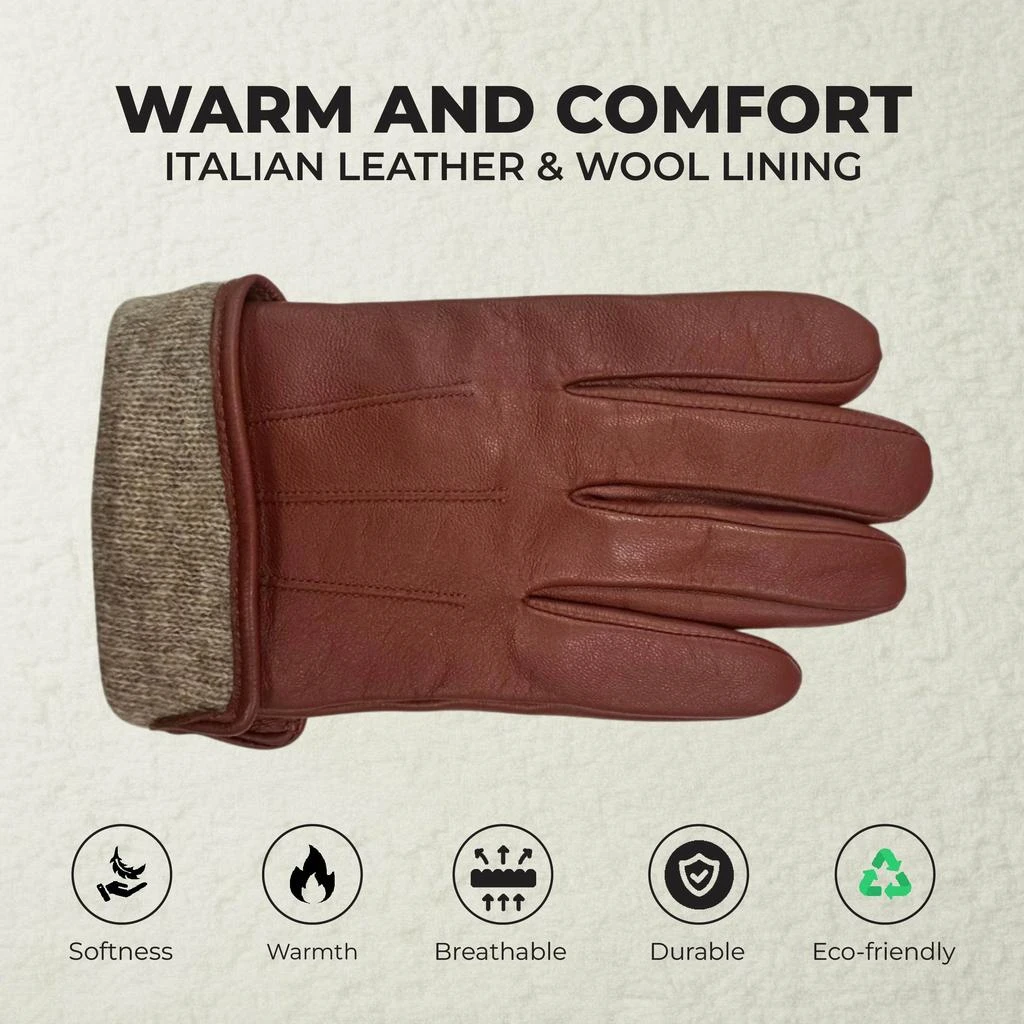Infinity Leather Men’s Tan Brown Italian Leather Warm Wool Lining Winter Riding Driving Casual Gloves 3