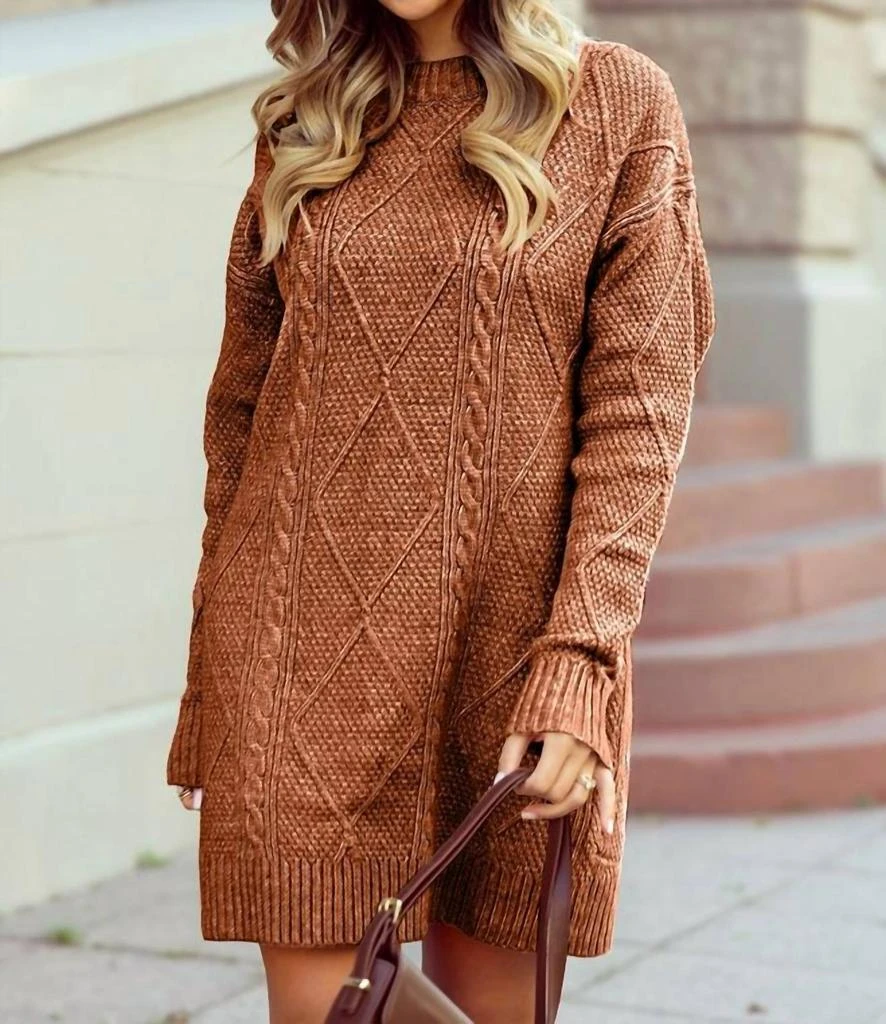 1 the Woman Cable Knit Drop Shoulder Loose Fit Sweater Dress In Coffee - Coffee - Small