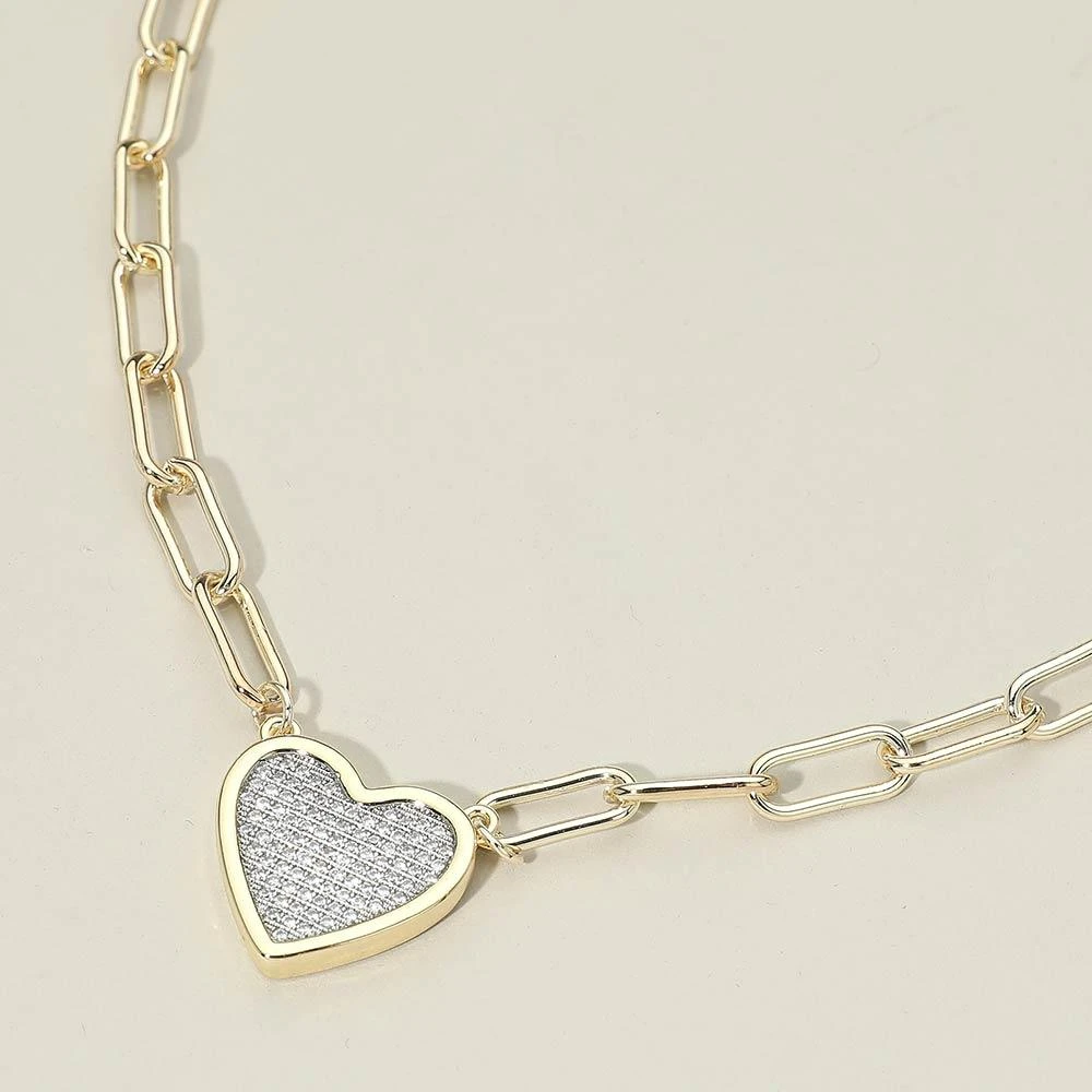 FASHNZFAB 14K Gold Plated CZ Stone Paved Heart Pendant Paperclip Chain Necklace