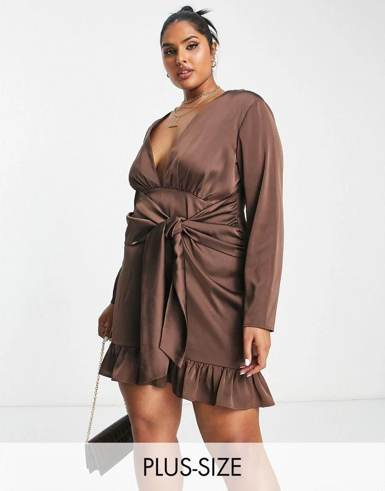 Lola May Curve Lola May Plus tie waist mini dress in chocolate brown 1
