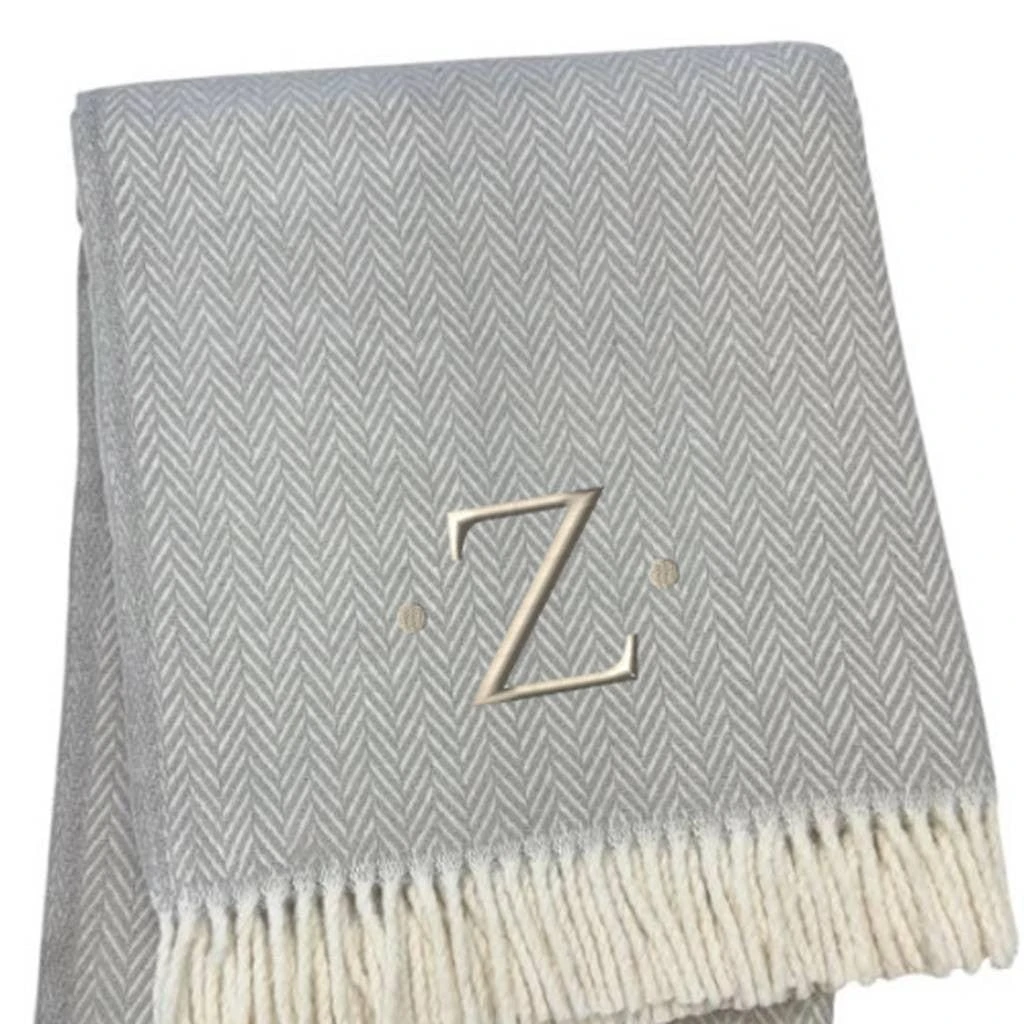 Hivvago 55" X 70" Gray And White Herringbone Cotton Blend Z Initial Throw Blanket with Tassels And Embroidery 4