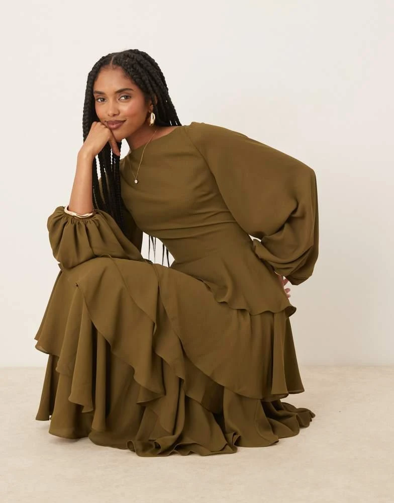 Pretty Lavish Beatris lace up back ruffle maxi dress in deep olive  On  Sale Now with Up to 31% Off | Discover Exclusive Deals & Savings at  BeyondStyle  Authentic Pretty